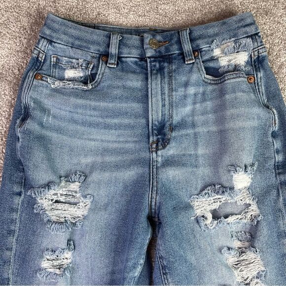 America Eagle Mom Jeans Womens 0* Blue Tapered High Waist Medium Wash Torn Curvy - Picture 2 of 13